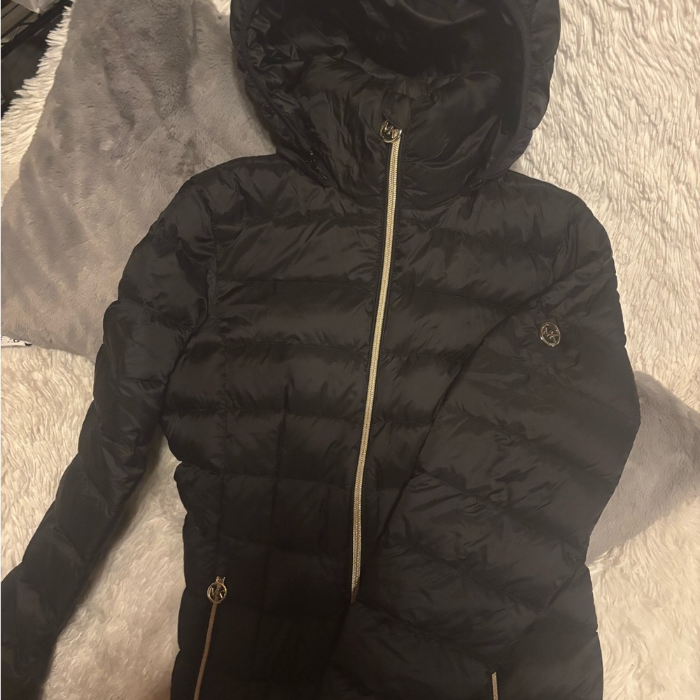 Michael Kors Black Puffer Jacket with Gold Accents